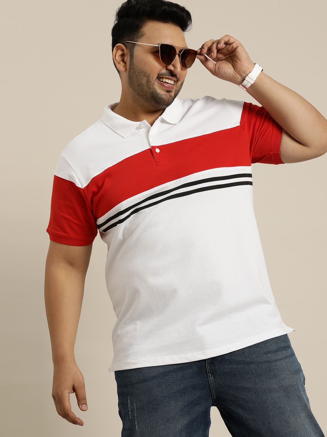 

Sztori Plus Size Pure Cotton Striped Polo Collar T-shirt, White