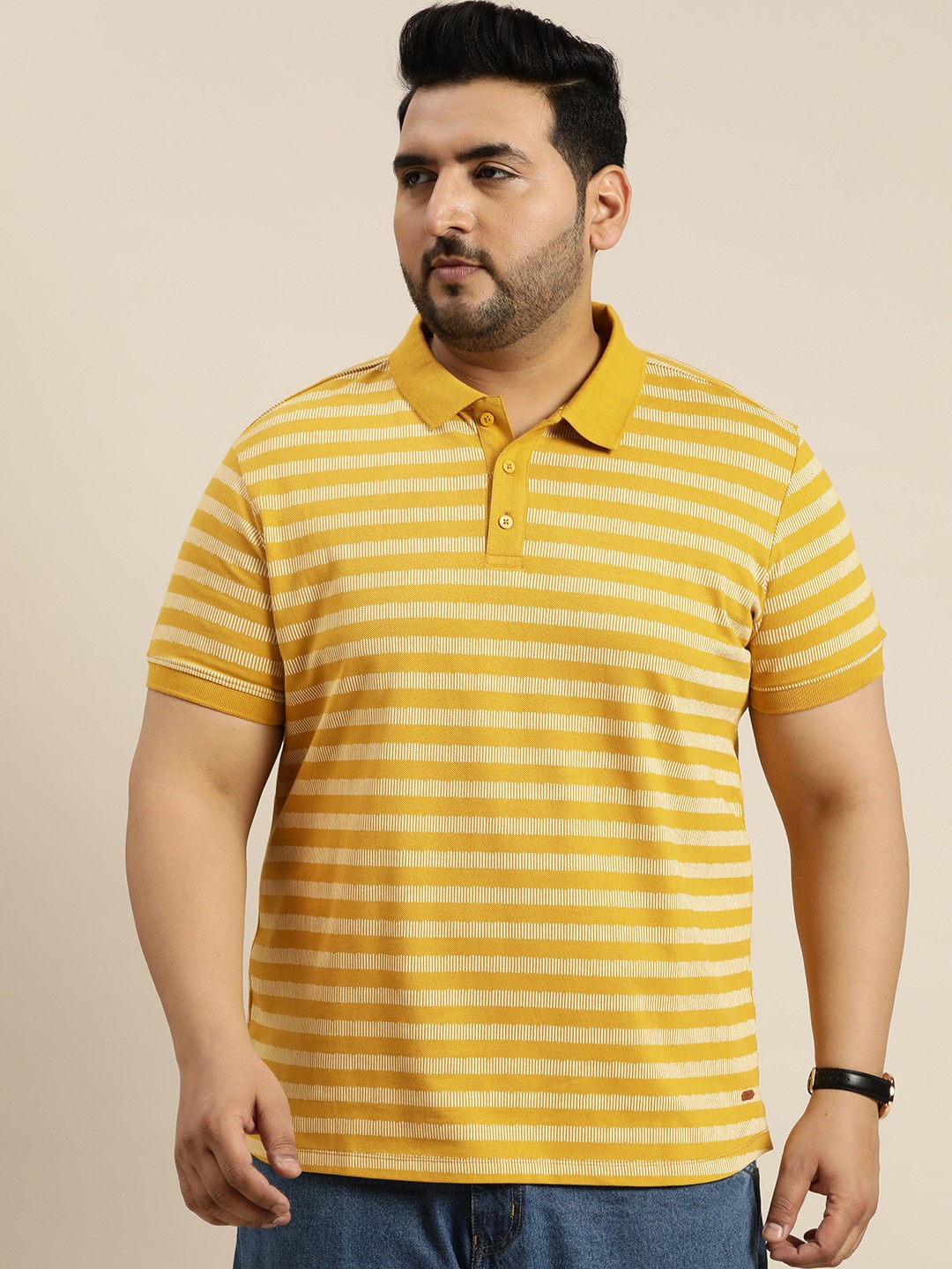

Sztori Plus Size Striped Polo Collar Pure Cotton T-shirt, Mustard
