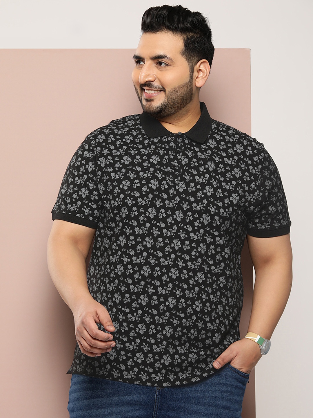 

Sztori Plus Size Floral Print Polo Collar Pure Cotton T-shirt, Black