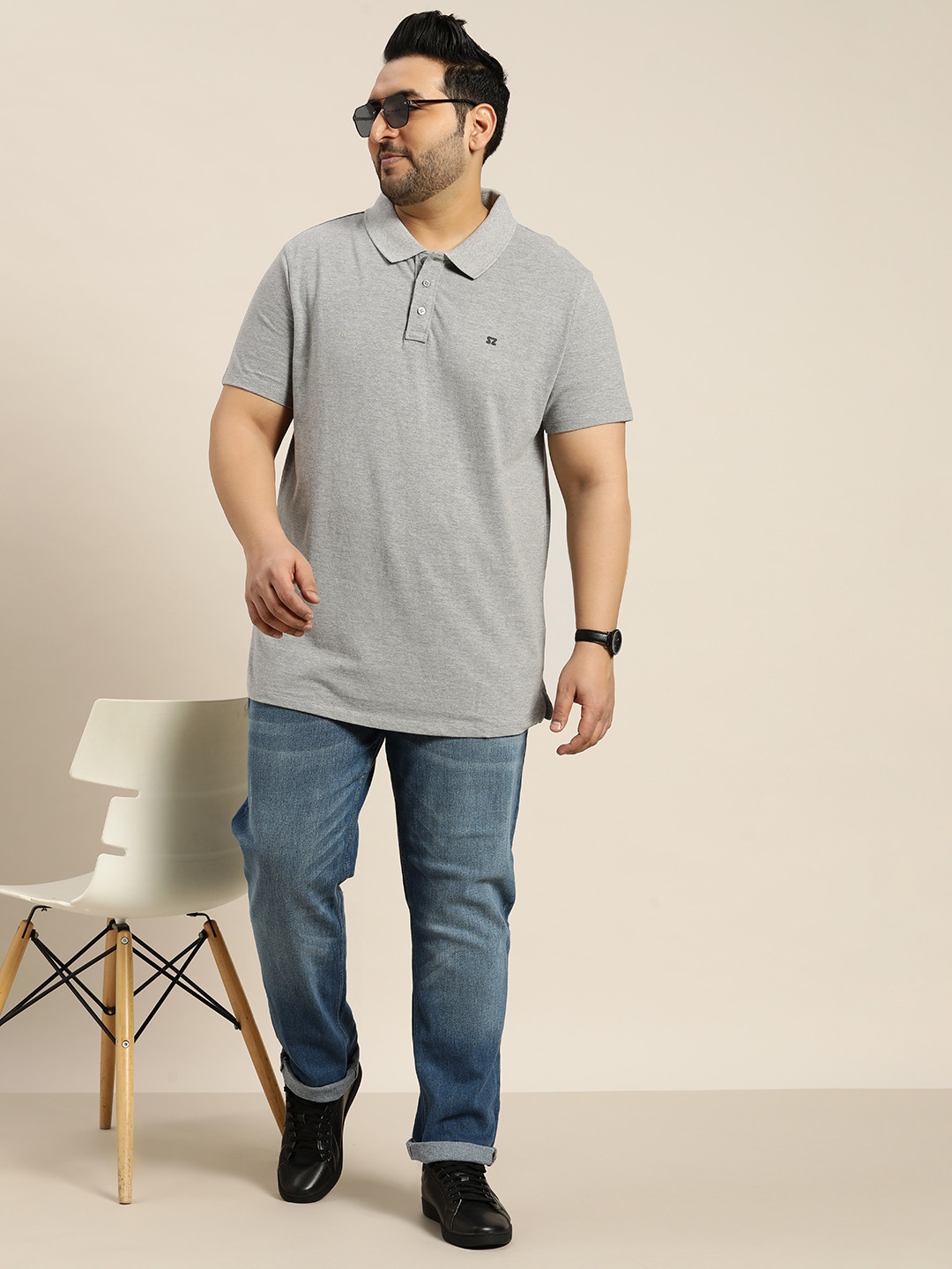 

Sztori Men Plus Size Polo Collar T-shirt, Grey melange