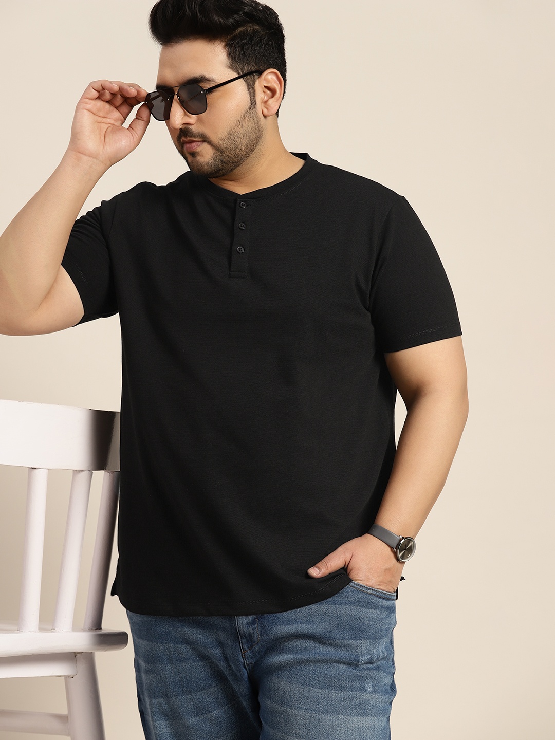 

Sztori Plus Size Men Textured Henley Neck T-shirt, Black