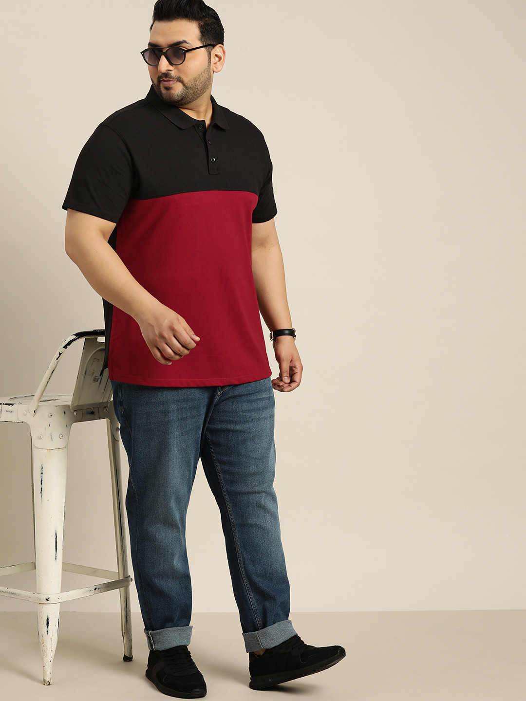 

Sztori Plus Size Colourblocked Polo Collar T-shirt, Maroon