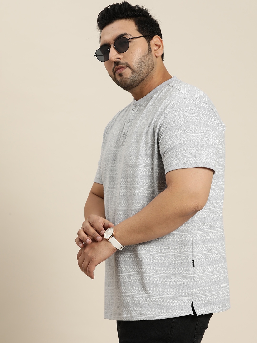 

Sztori Men Plus Size Tribal Printed Henley Neck Pure Cotton T-shirt, Grey melange