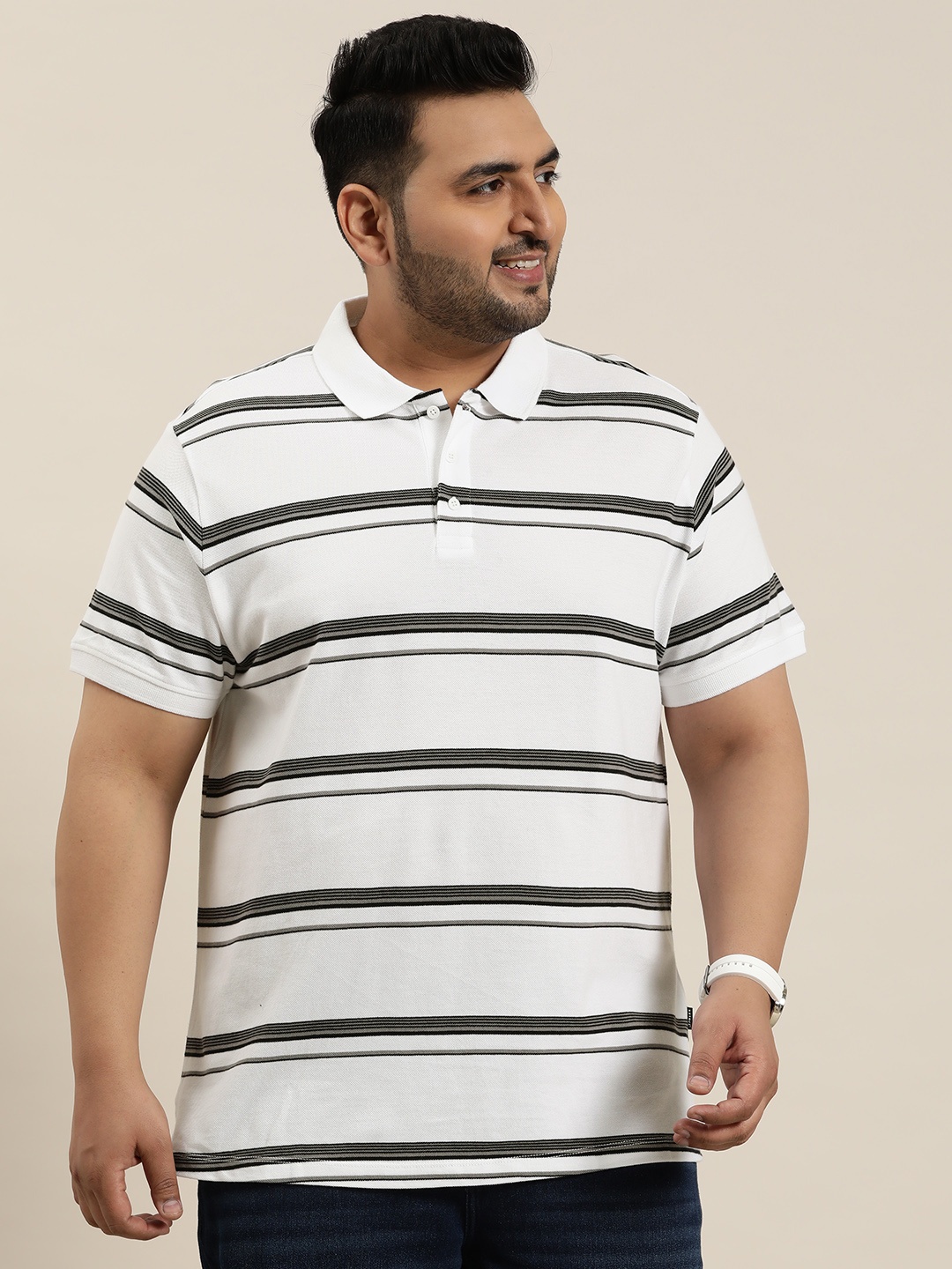 

Sztori Men Plus Size Striped Polo Collar Pure Cotton T-shirt, White