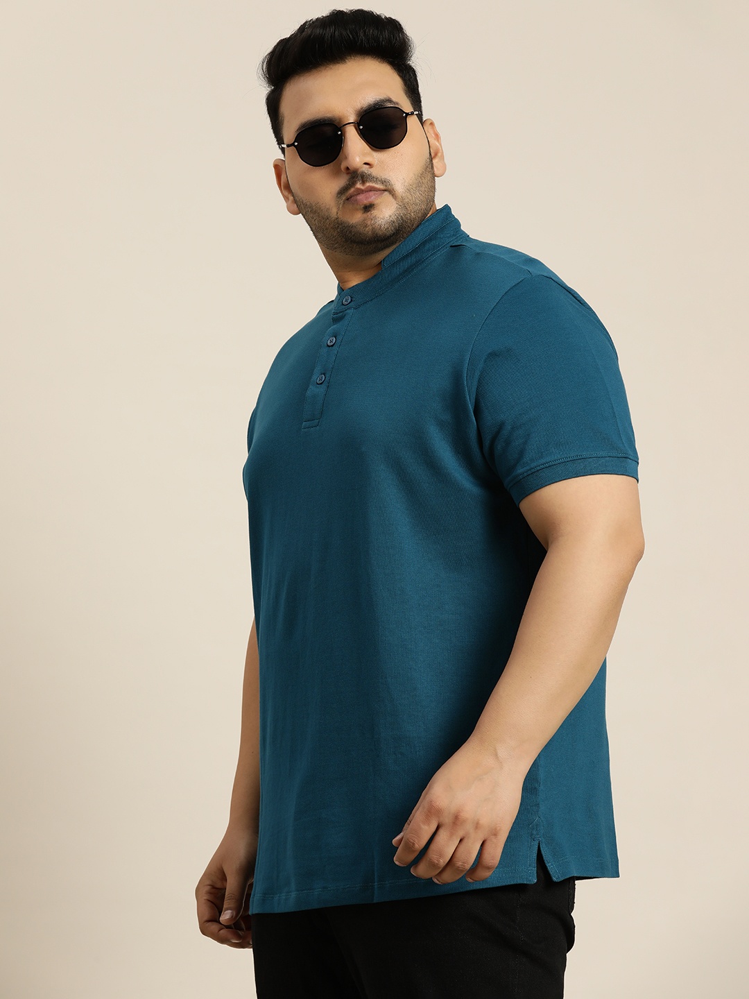 

Sztori Plus Size Mandarin Collar Pure Cotton T-shirt, Blue