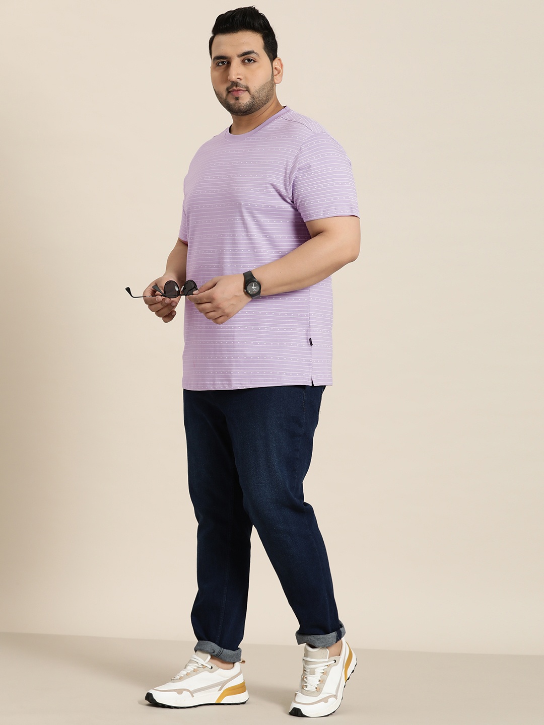 

Sztori Plus Size Striped Pure Cotton T-shirt, Lavender