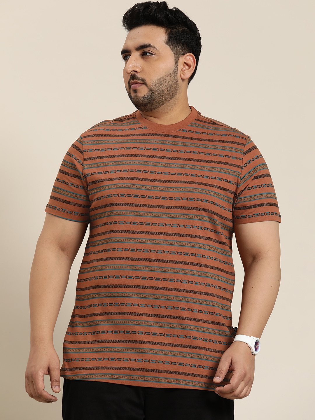 

Sztori Plus Size Striped Pure Cotton T-shirt, Rust