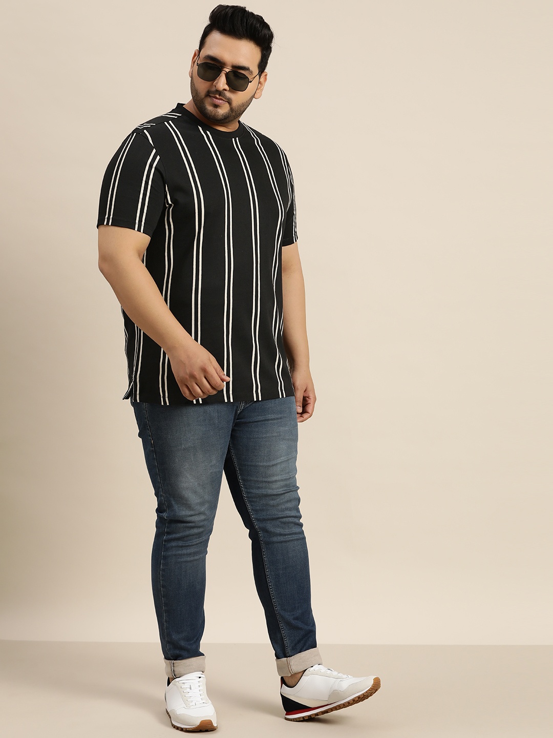 

Sztori Plus Size Striped Pure Cotton T-shirt, Black