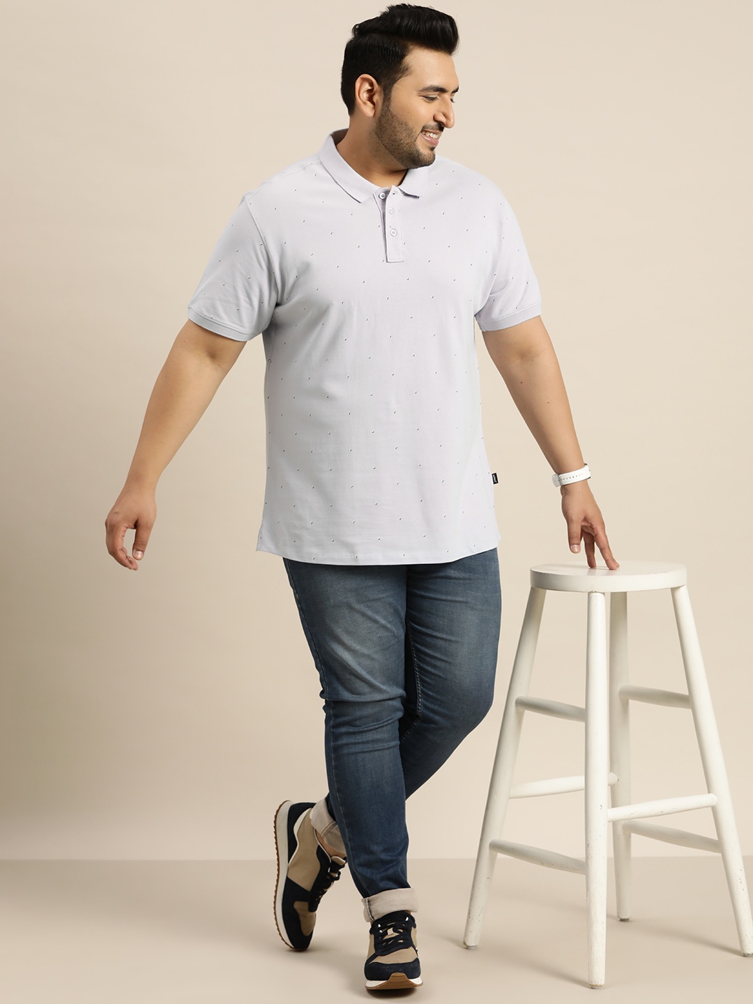 

Sztori Plus Size Micro Printed Polo Collar Pure Cotton T-shirt, Blue