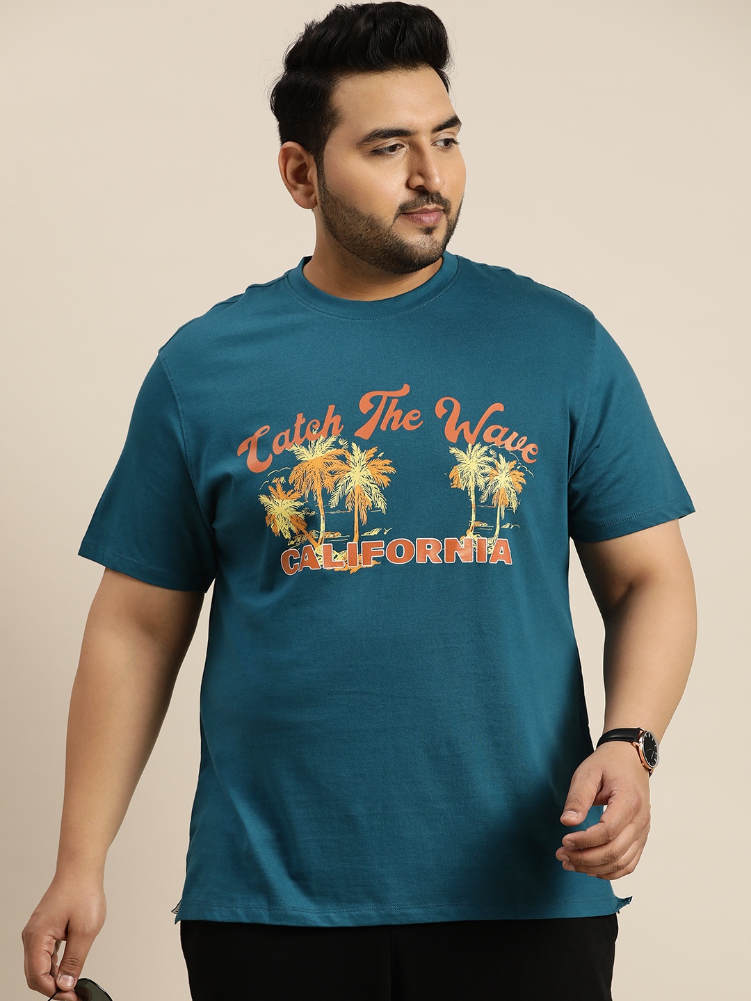 

Sztori Plus Size Typography &Tropical Printed Pure Cotton T-shirt, Teal