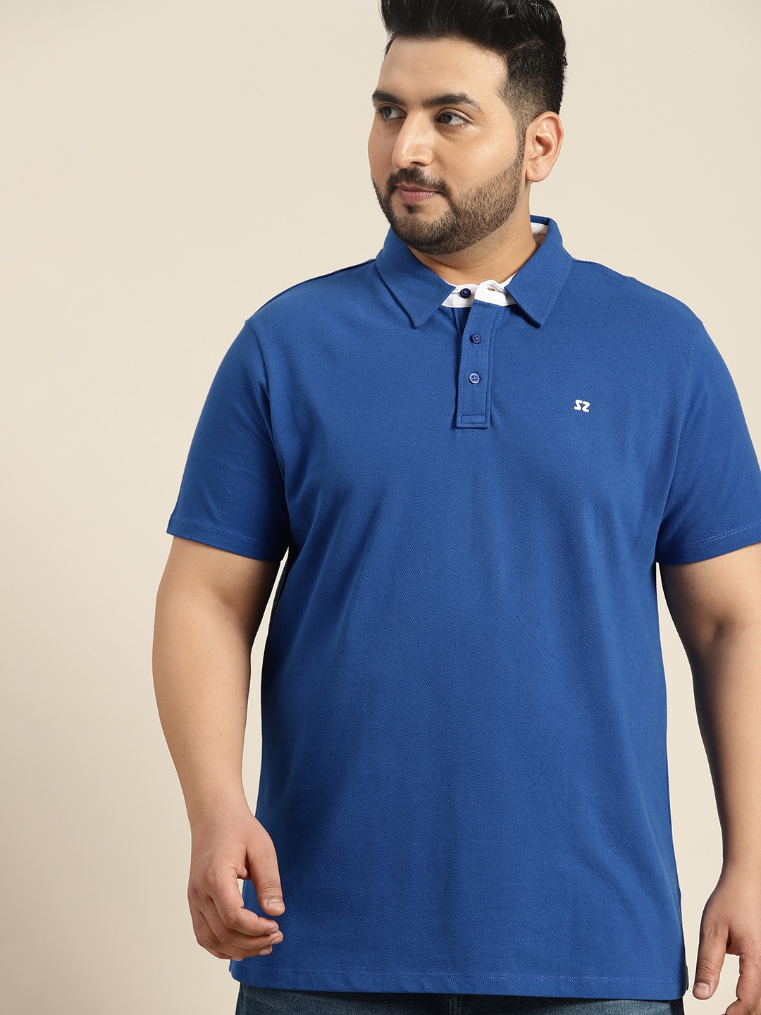 

Sztori Plus Size Polo Collar Pure Cotton T-shirt, Blue