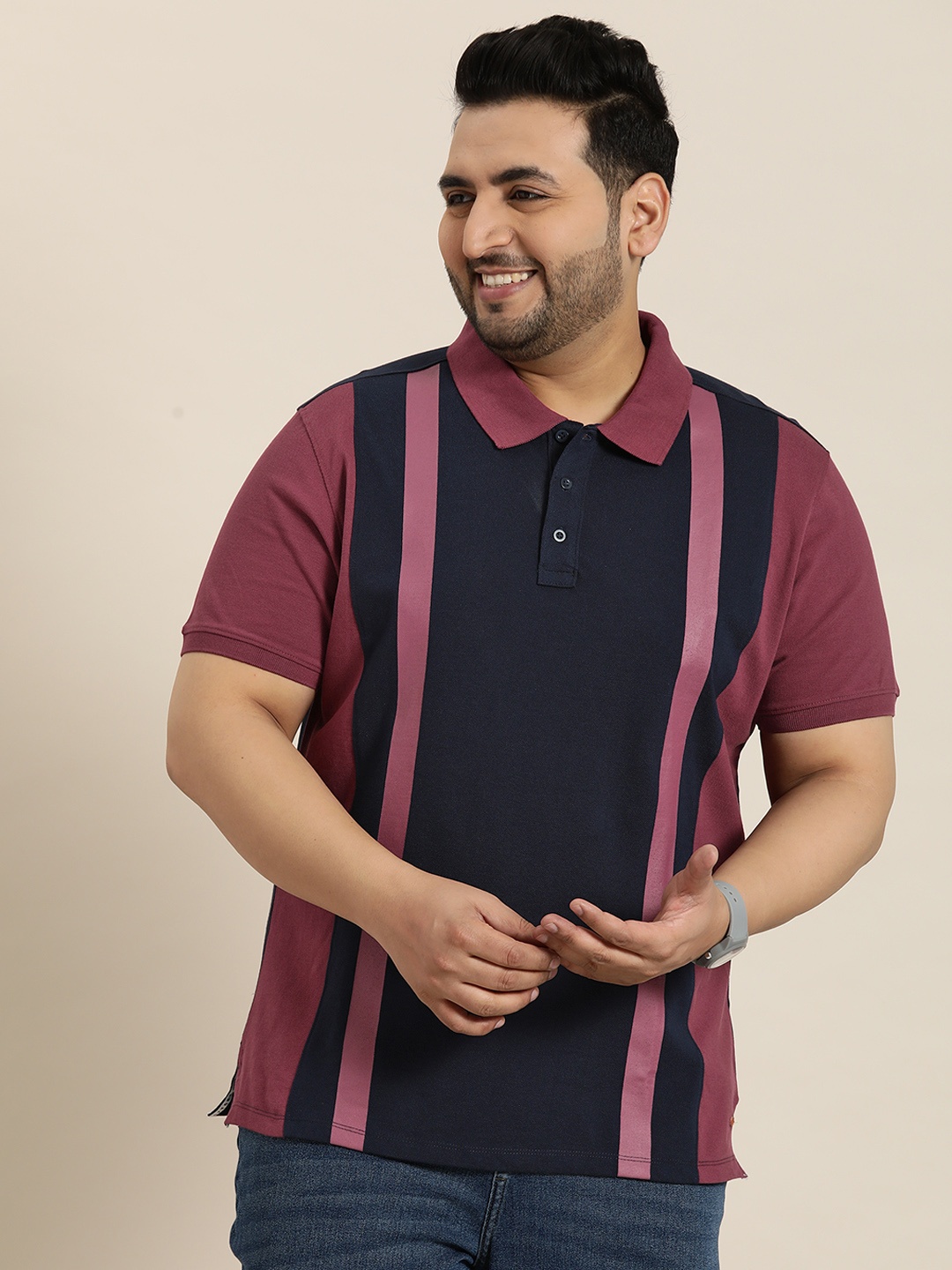 

Sztori Plus Size Striped Polo Collar Pure Cotton T-shirt, Navy blue