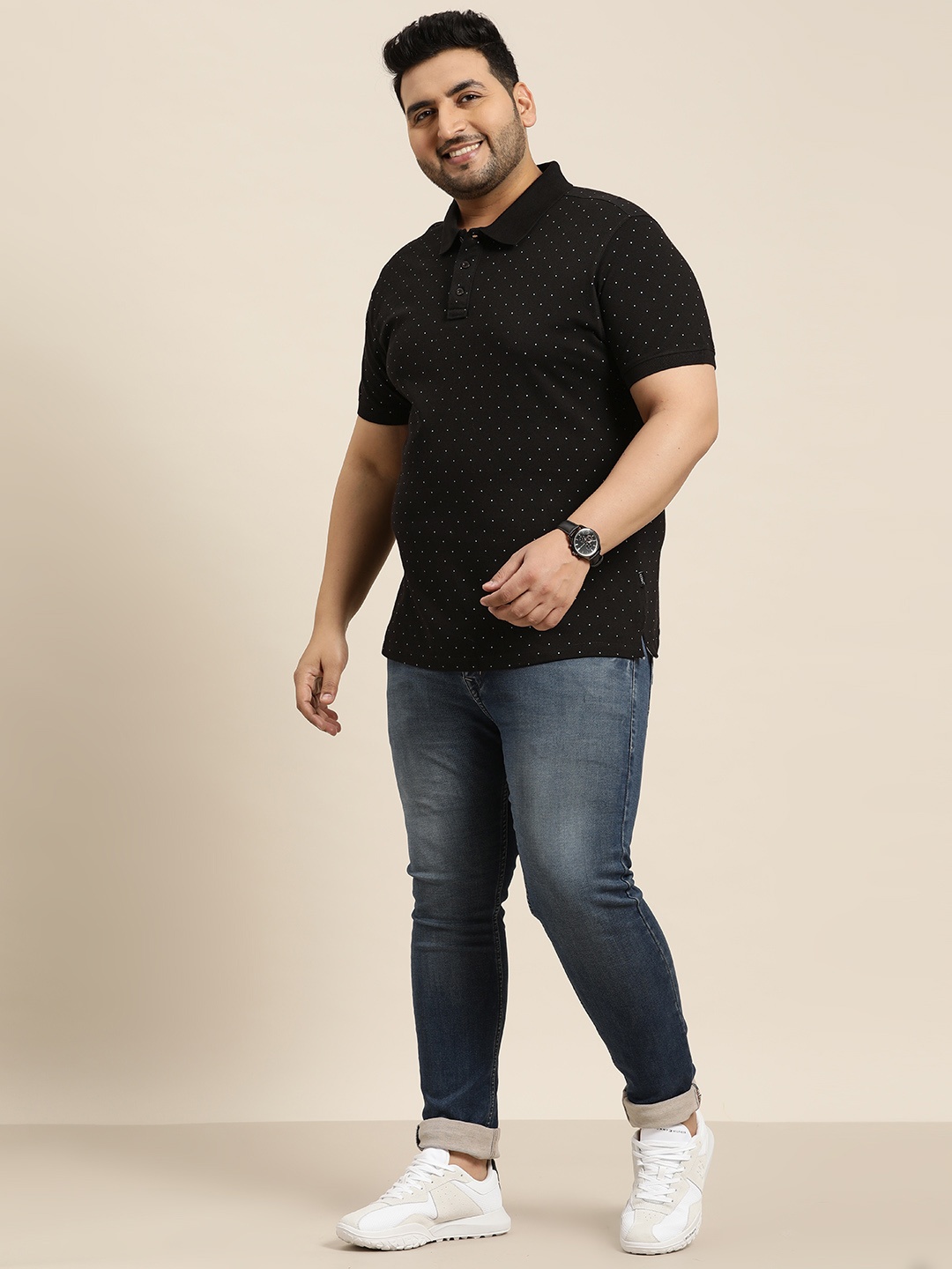 

Sztori Men Plus Size Printed Polo Collar Pure Cotton T-shirt, Black