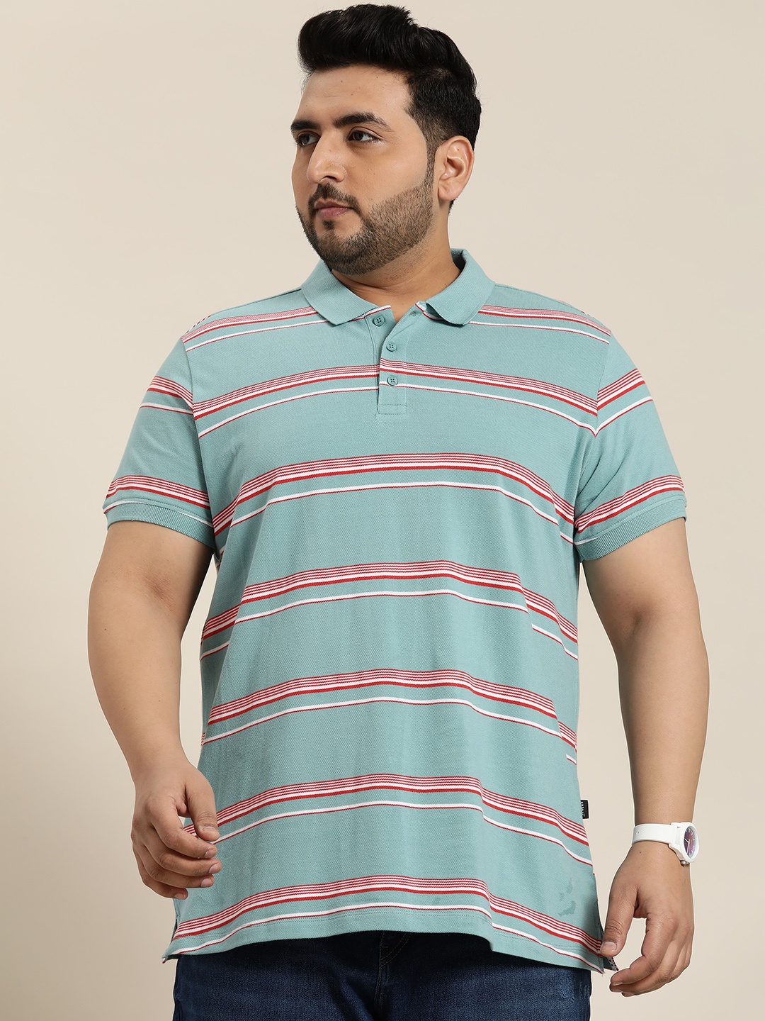 

Sztori Plus Size Striped Polo Collar Pure Cotton T-shirt, Blue