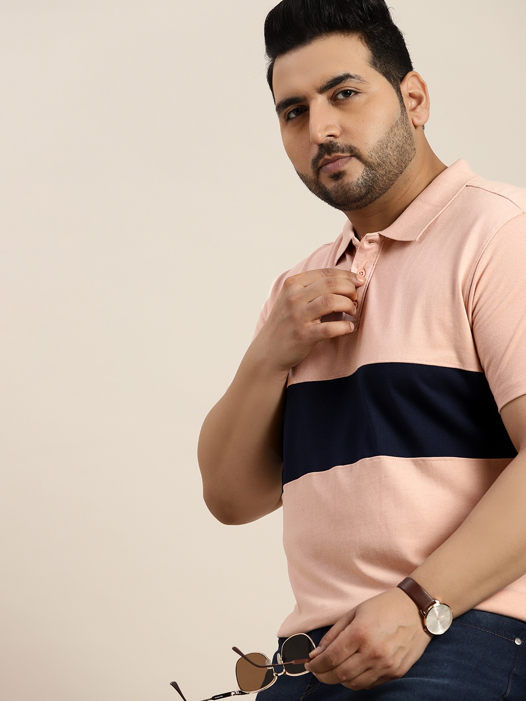 

Sztori Plus Size Colourblocked Polo Collar T-shirt, Peach