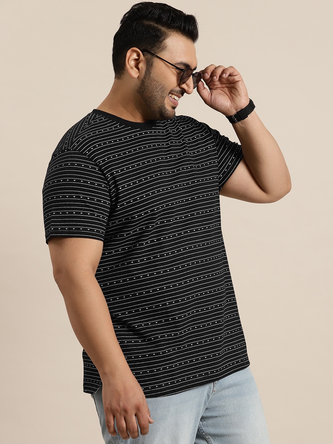 

Sztori Men Plus Size Striped Pure Cotton T-shirt, Black