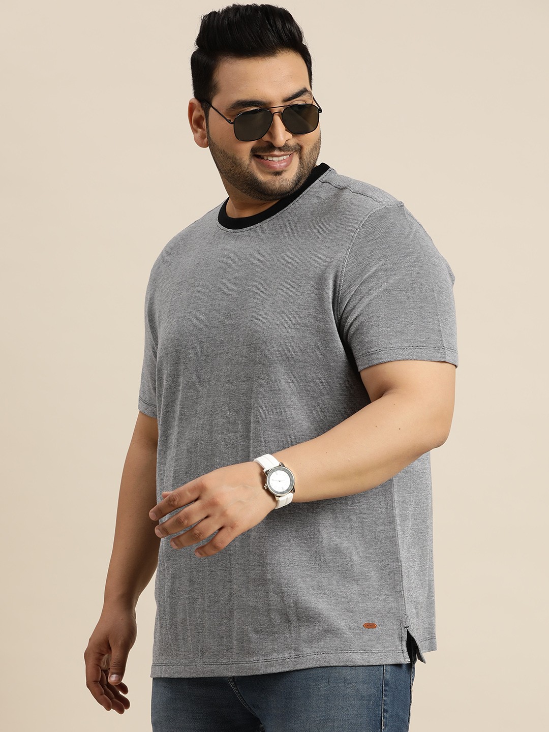 

Sztori Plus Size Pure Cotton Textured T-shirt, Grey