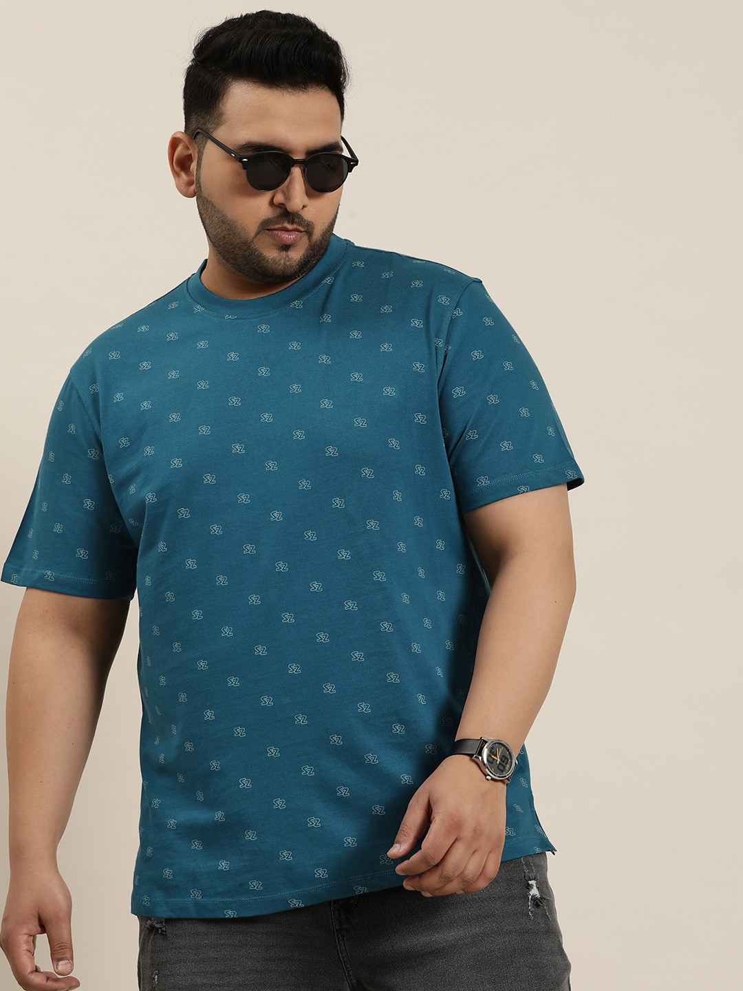 

Sztori Plus Size Printed Pure Cotton T-shirt, Teal