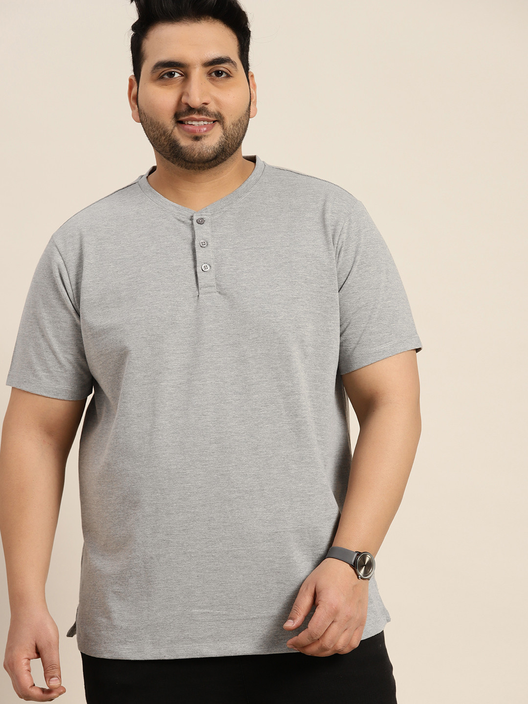 

Sztori Plus Size Men Textured Henley Neck T-shirt, Grey melange