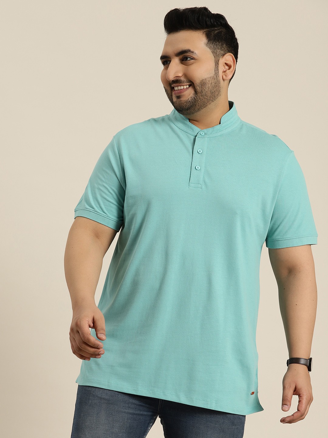 

Sztori Plus Size Stand Collar Pure Cotton T-shirt, Blue