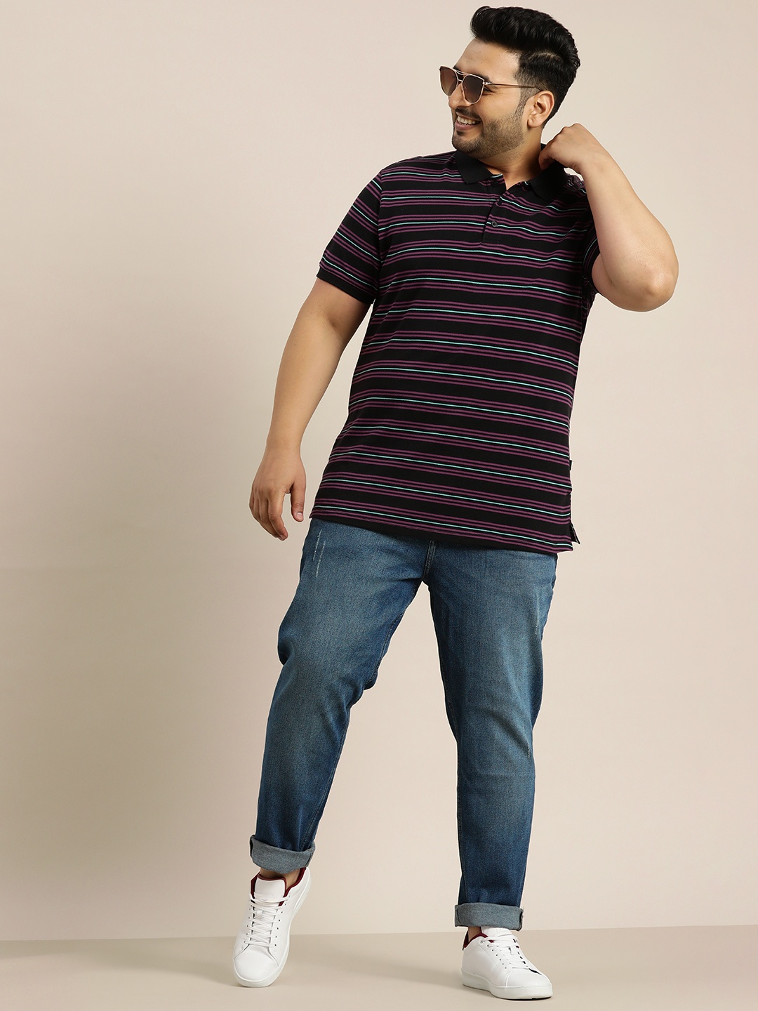 

Sztori Plus Size Striped Polo Collar Pure Cotton T-shirt, Black