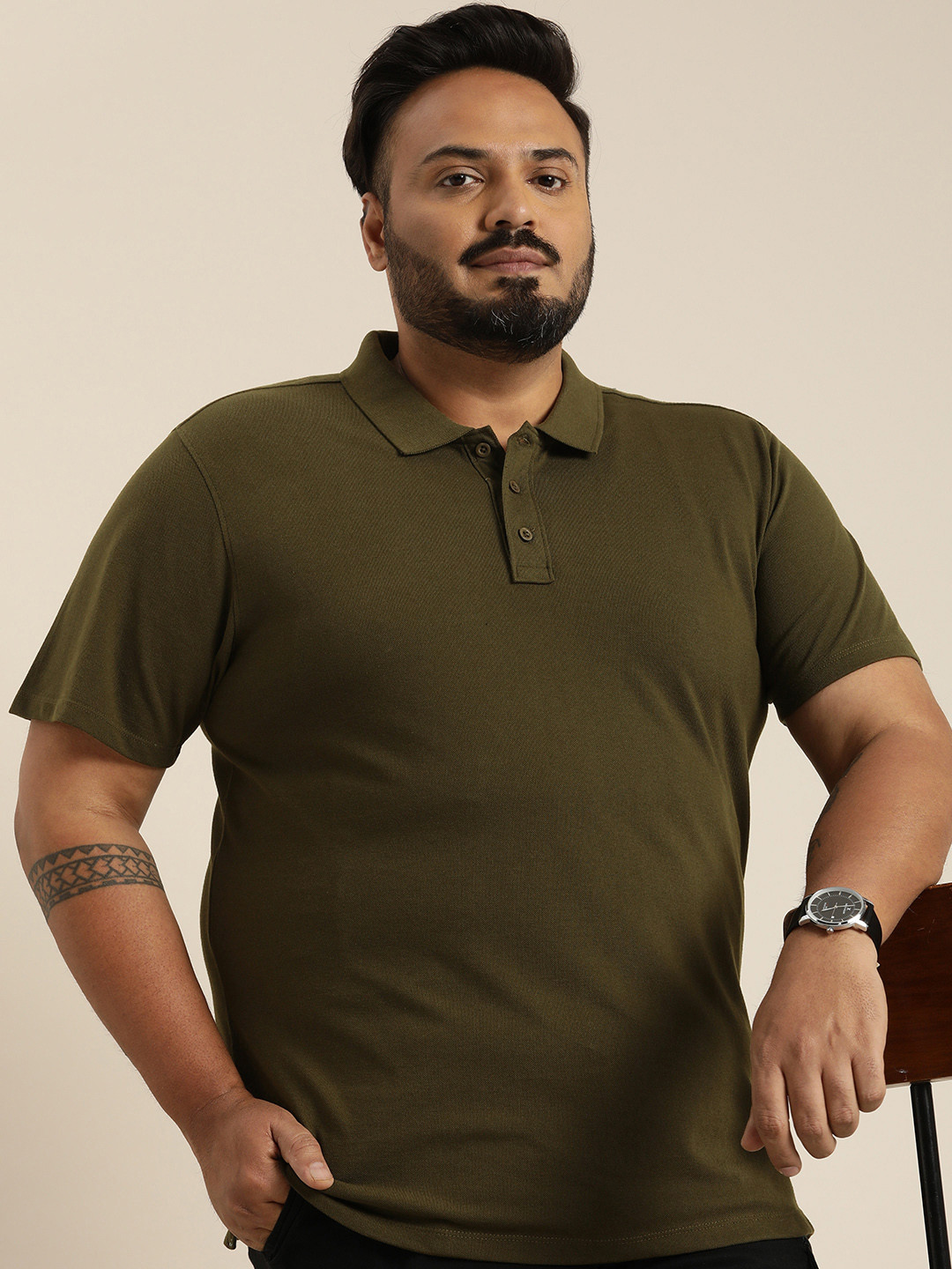 

Sztori Plus Size Polo Collar T-shirt, Olive