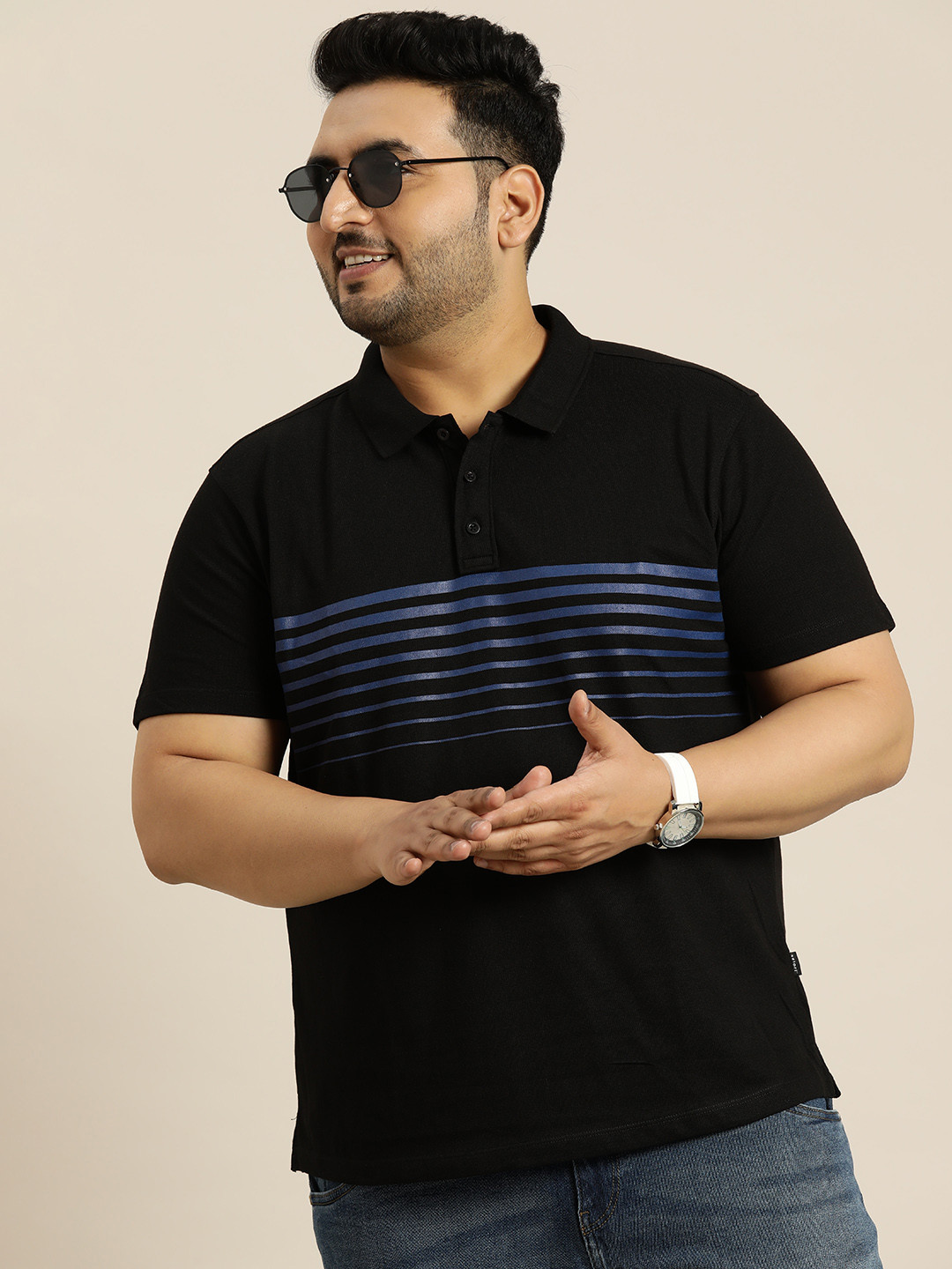 

Sztori Plus Size Striped Polo Collar T-shirt, Black