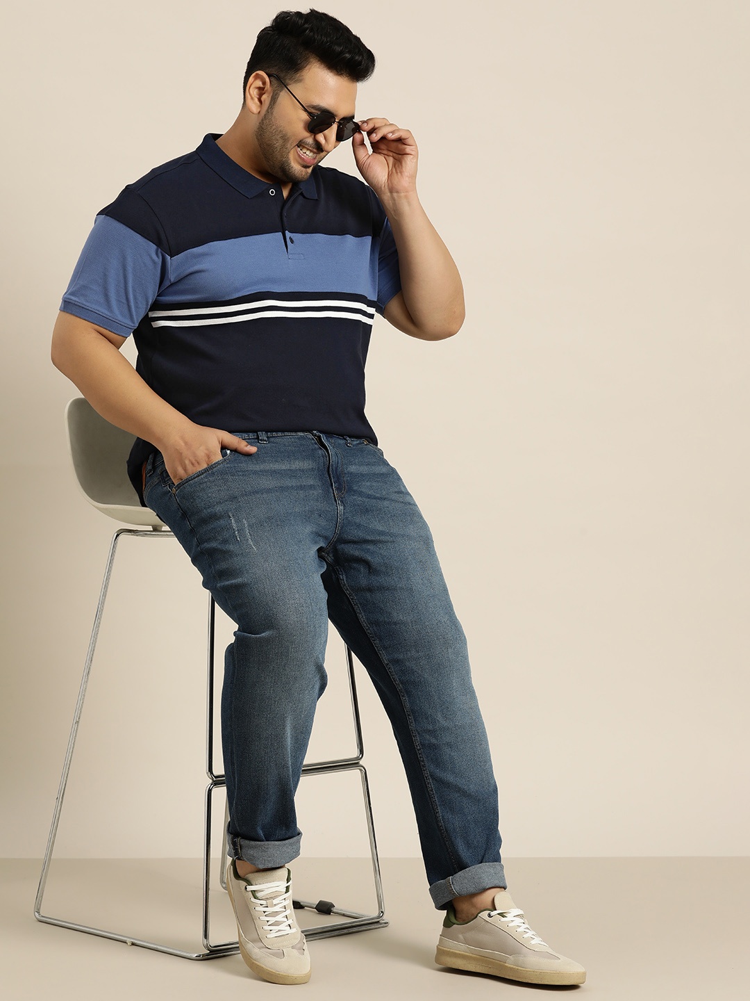 

Sztori Plus Size Pure Cotton Striped Polo Collar T-shirt, Black