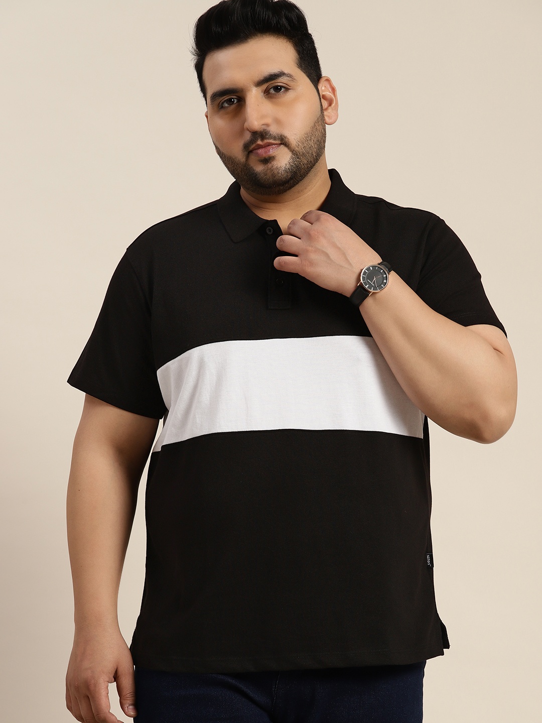 

Sztori Plus Size Colourblocked Polo Collar T-shirt, Black