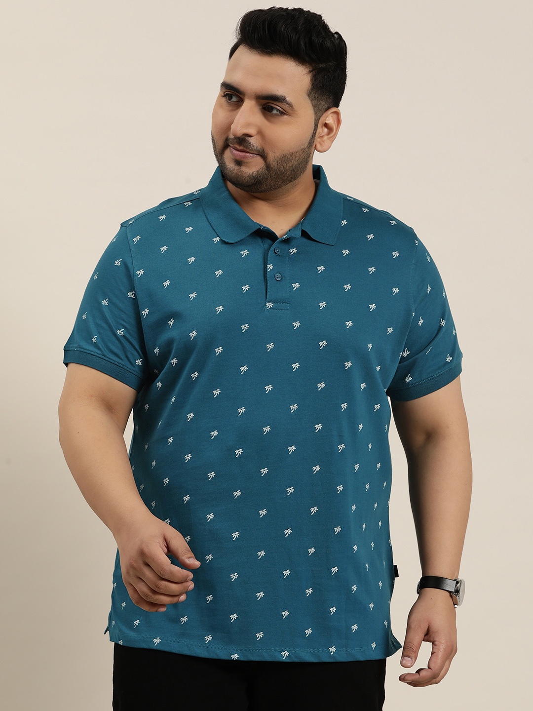 

Sztori Plus Size Printed Pure Cotton Polo Collar T-shirt, Teal