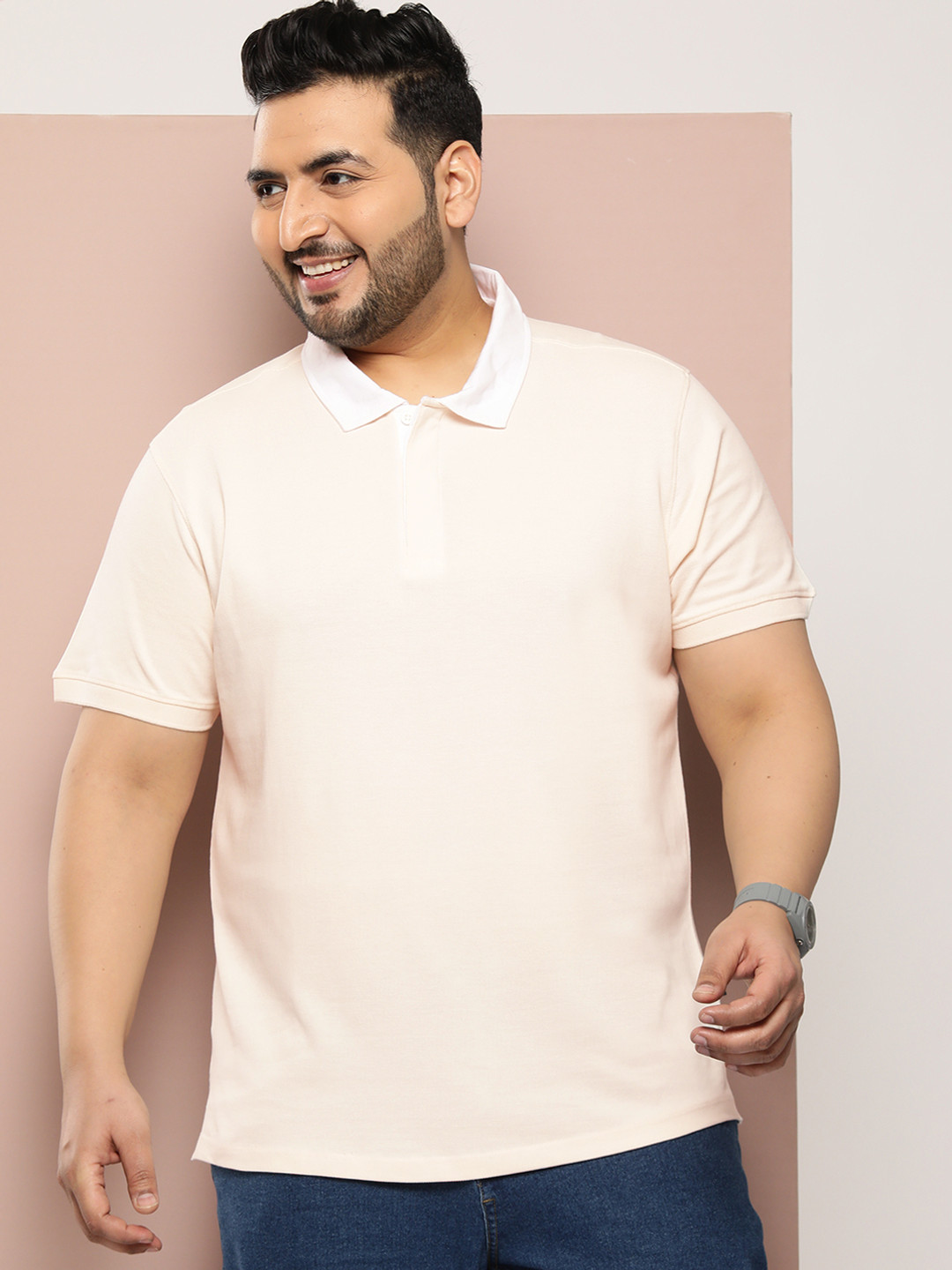 

Sztori Men Plus Size Polo Collar Pure Cotton T-shirt, Cream
