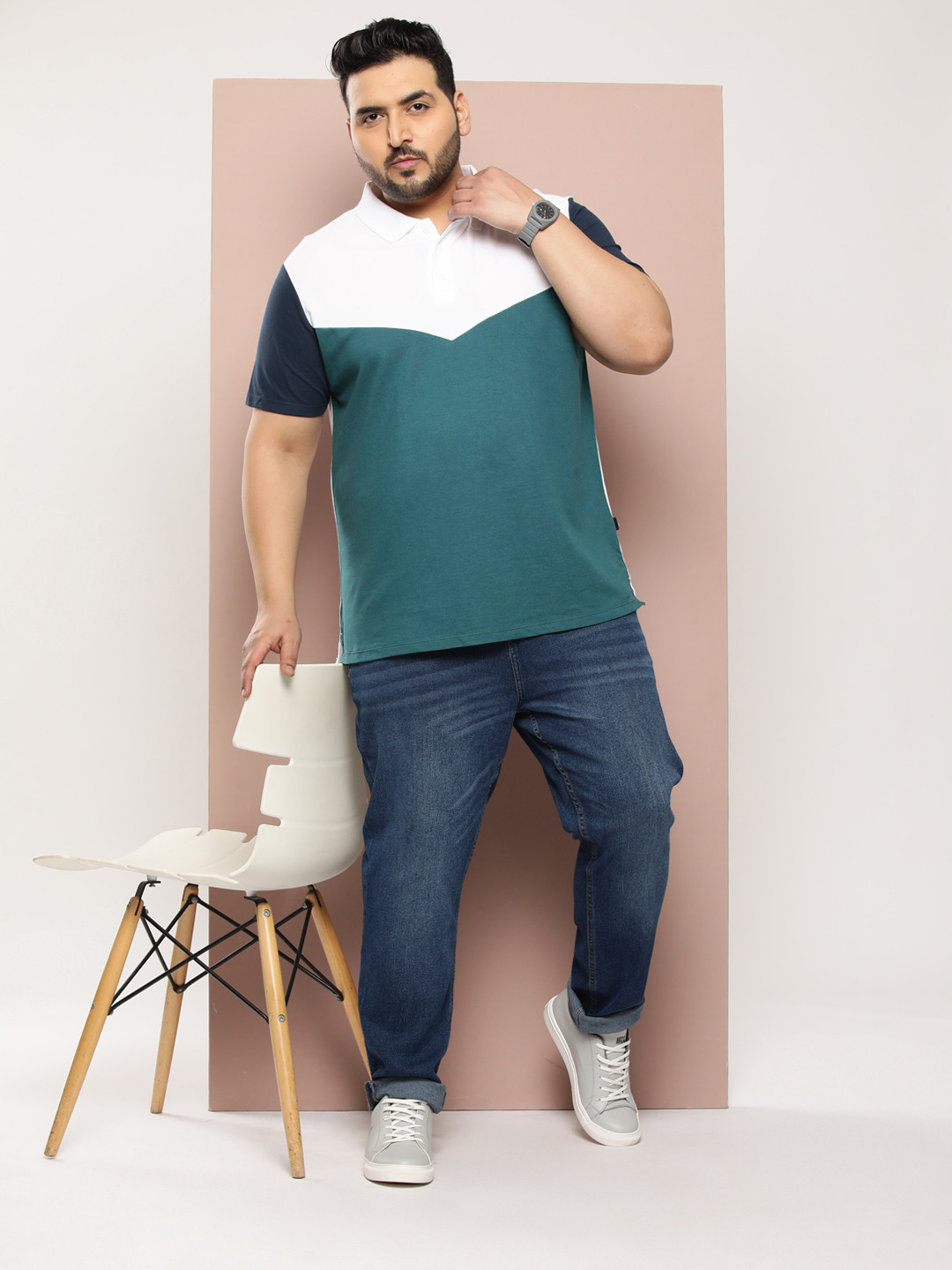 

Sztori Plus Size Colourblocked Polo Collar Pure Cotton T-shirt, Teal