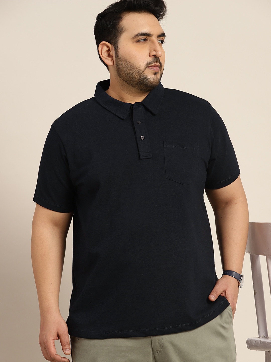 

Sztori Plus SIze Men Textured Polo Collar T-shirt, Navy blue