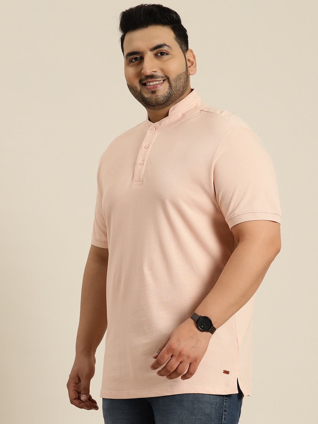 

Sztori Plus Size Stand Collar Pure Cotton T-shirt, Pink