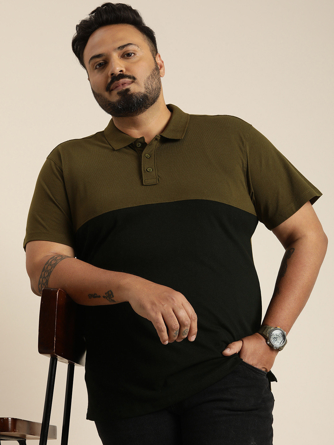 

Sztori Plus Size Colourblocked Polo Collar T-shirt, Olive