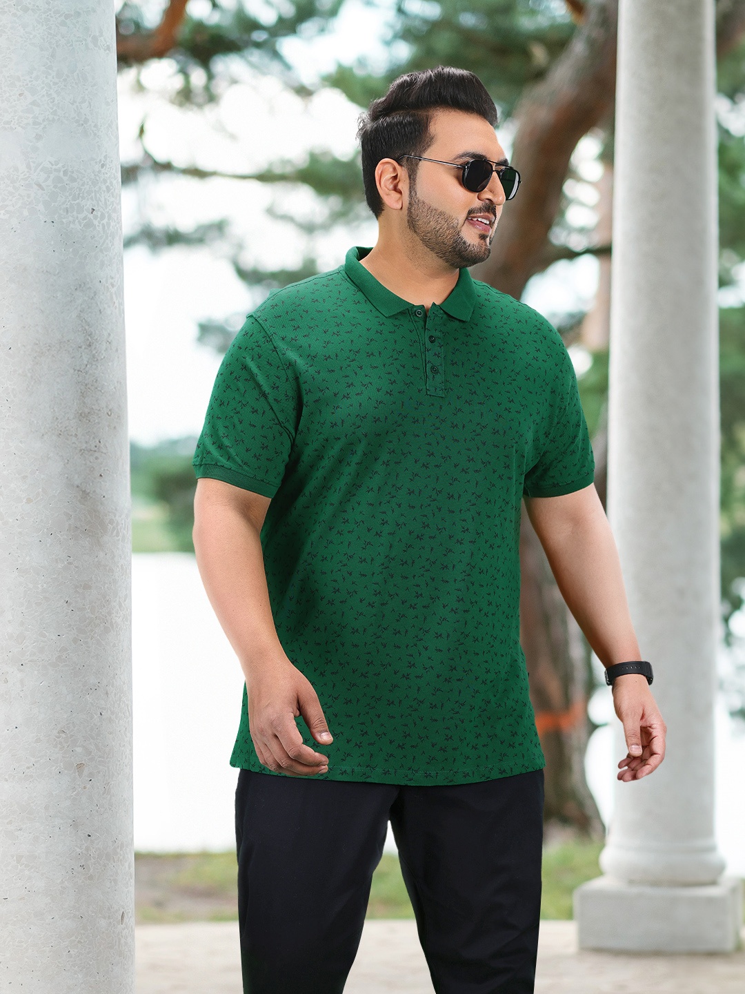 

Sztori Plus Size Printed Polo Collar Pure Cotton T-shirt, Green