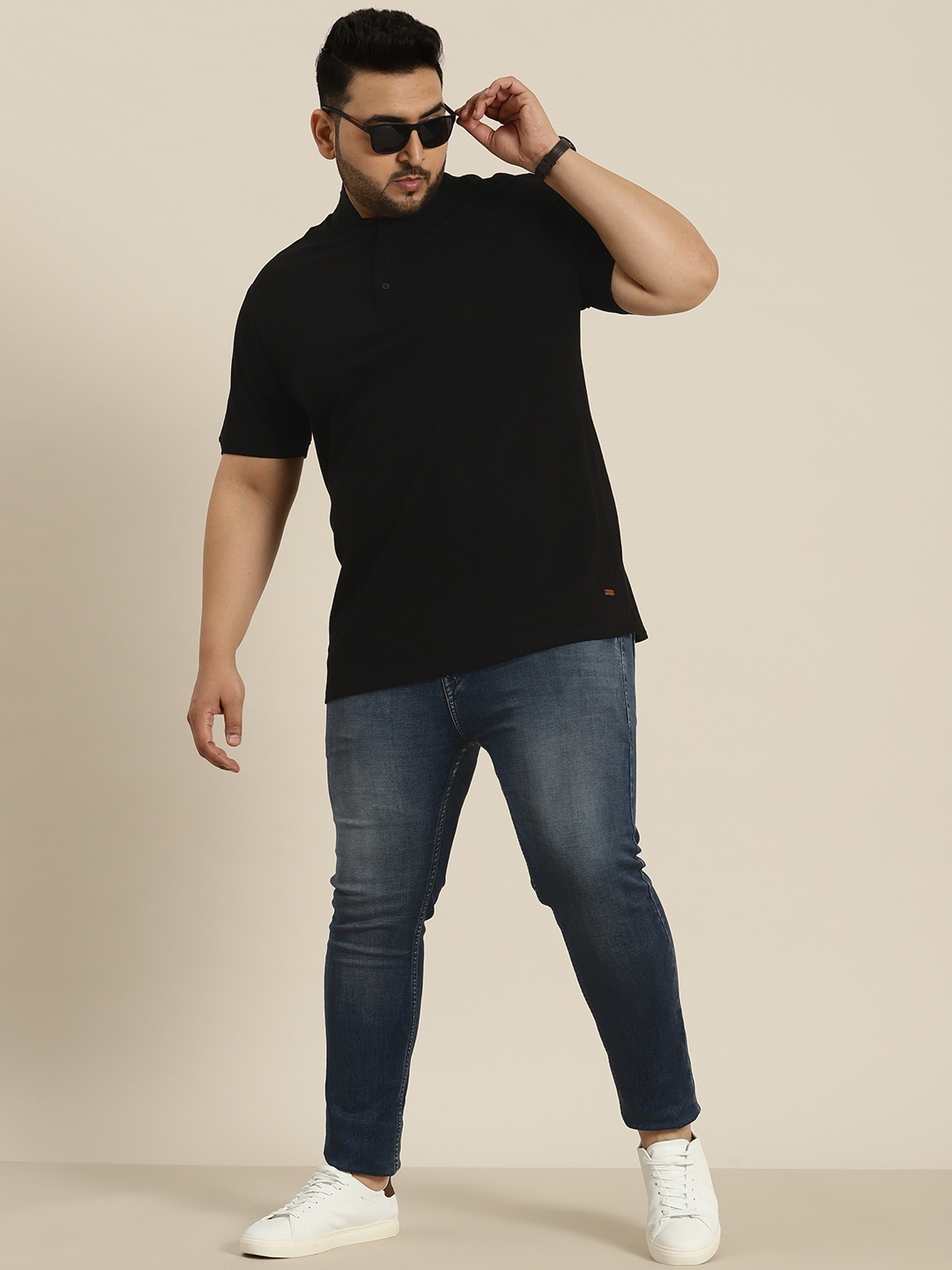 

Sztori Plus Size Stand Collar Pure Cotton T-shirt, Black