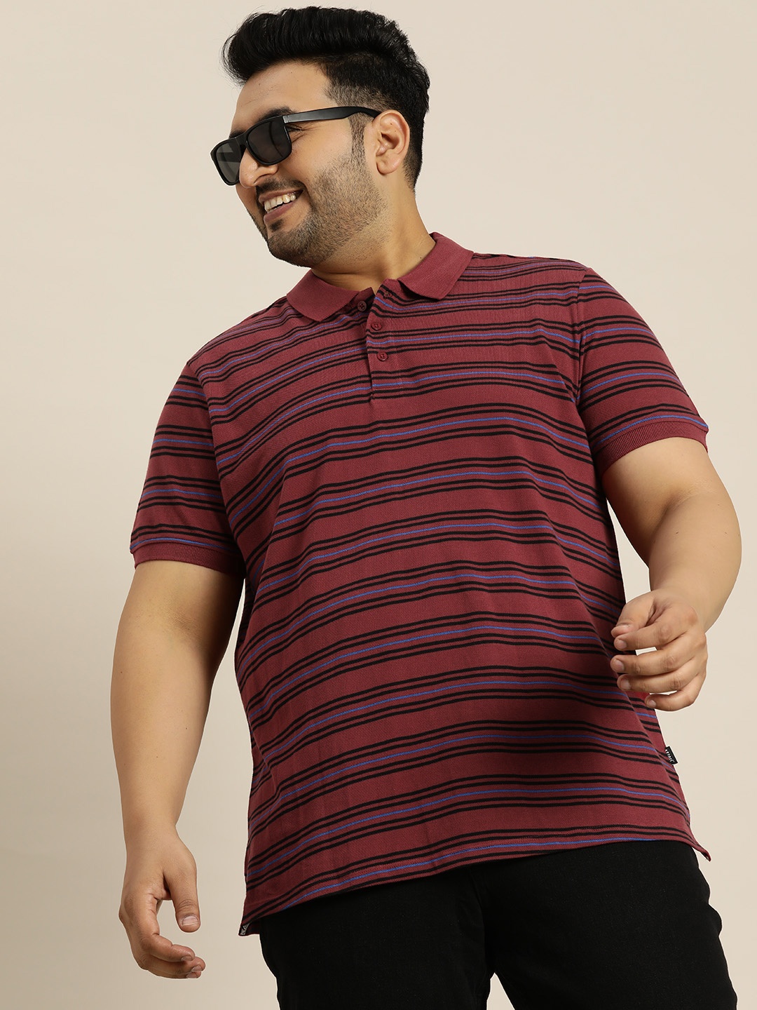 

Sztori Plus Size Striped Polo Collar Pure Cotton T-shirt, Burgundy