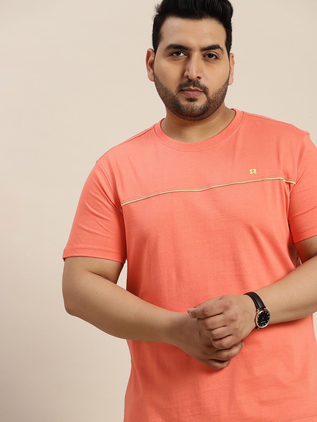 

Sztori Men Plus Size Solid Pure Cotton T-shirt, Peach