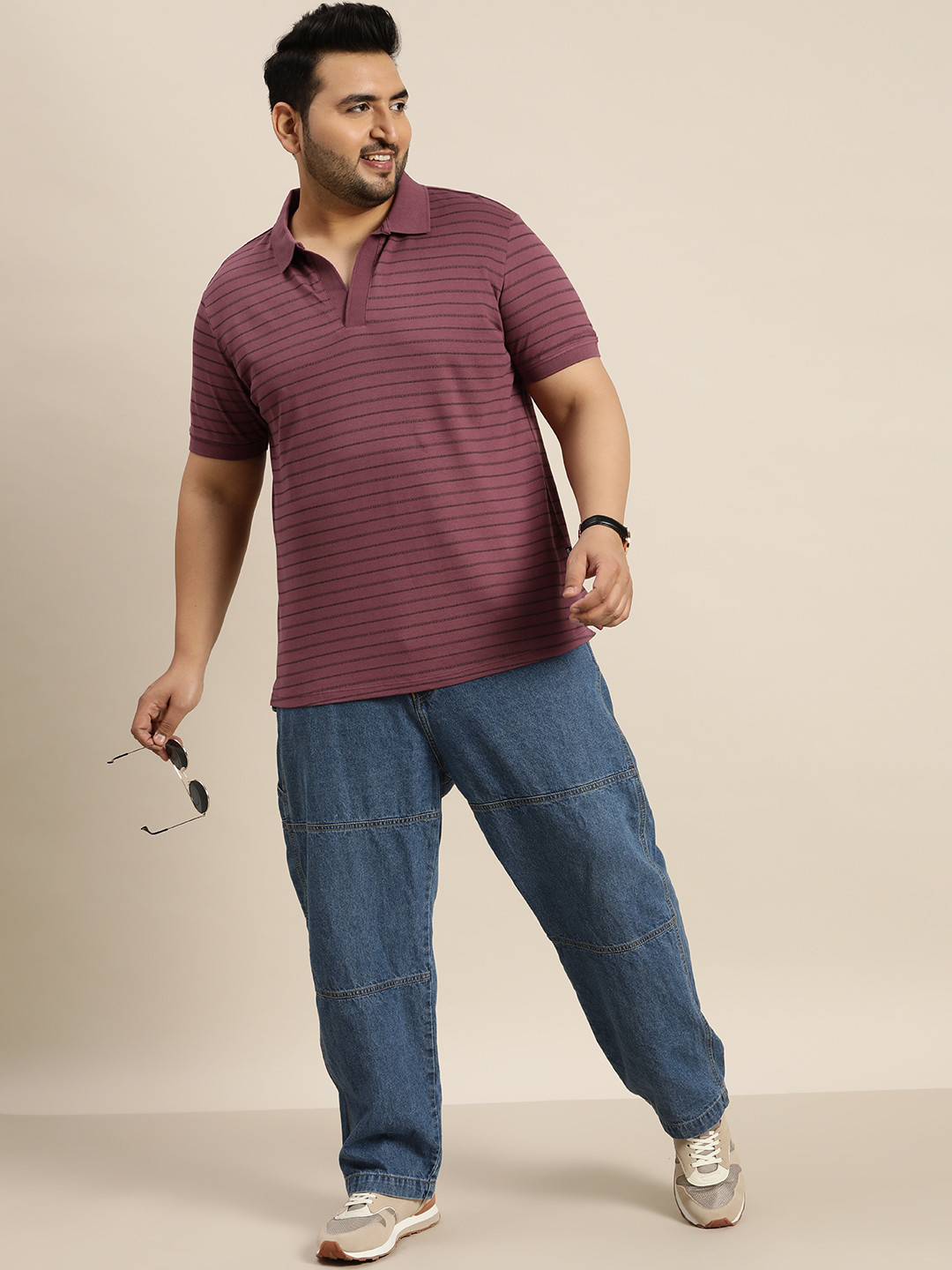 

Sztori Plus Size Striped Polo Collar Pure Cotton T-shirt, Pink