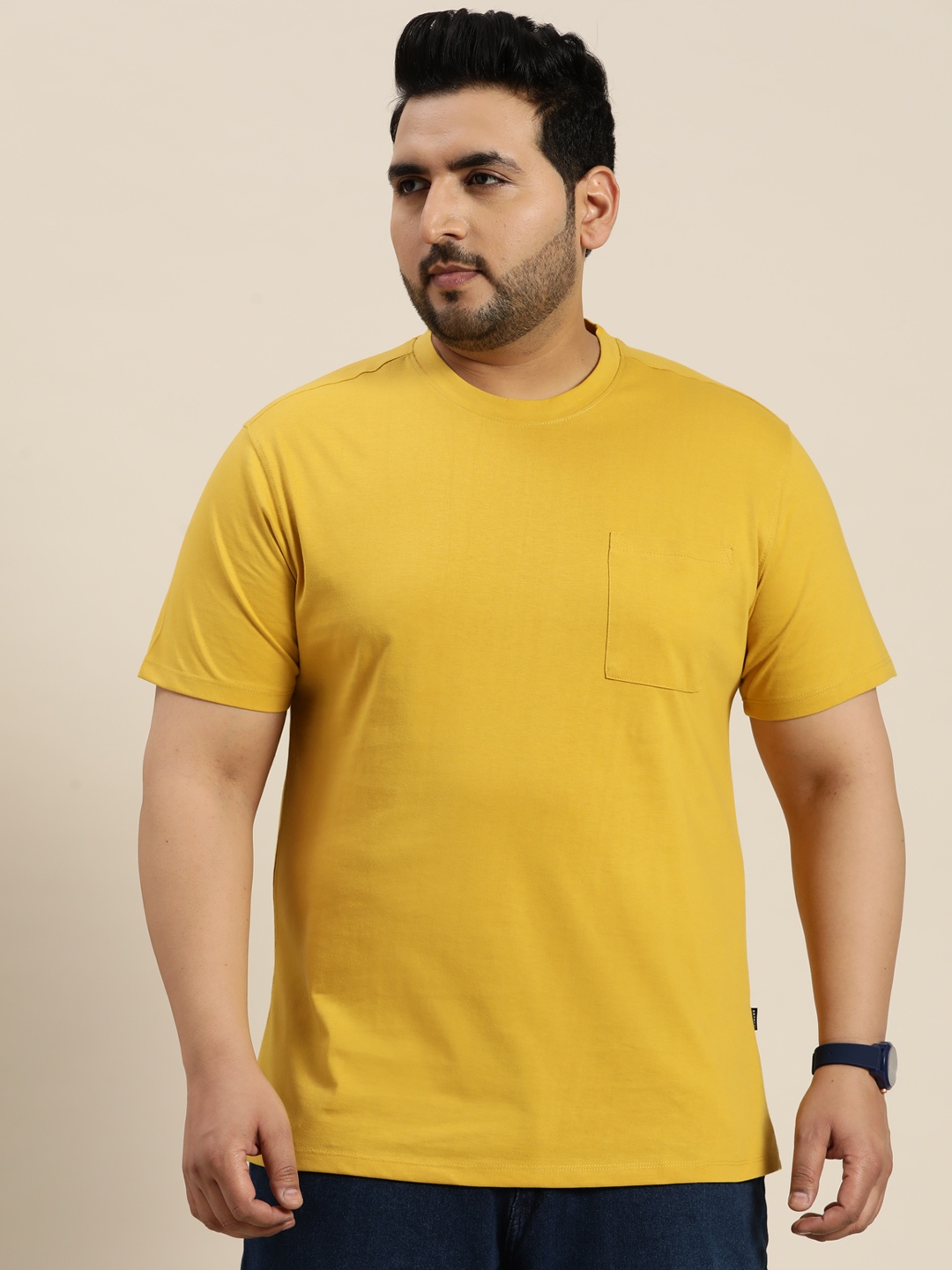 

Sztori Men Plus Size Solid Pure Cotton T-shirt, Mustard