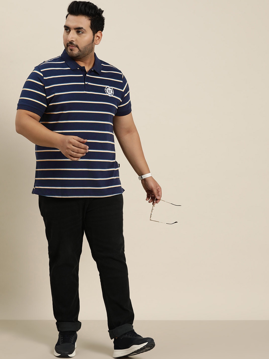 

Sztori Plus Size Men Striped Polo Collar Pure Cotton T-shirt, Navy blue