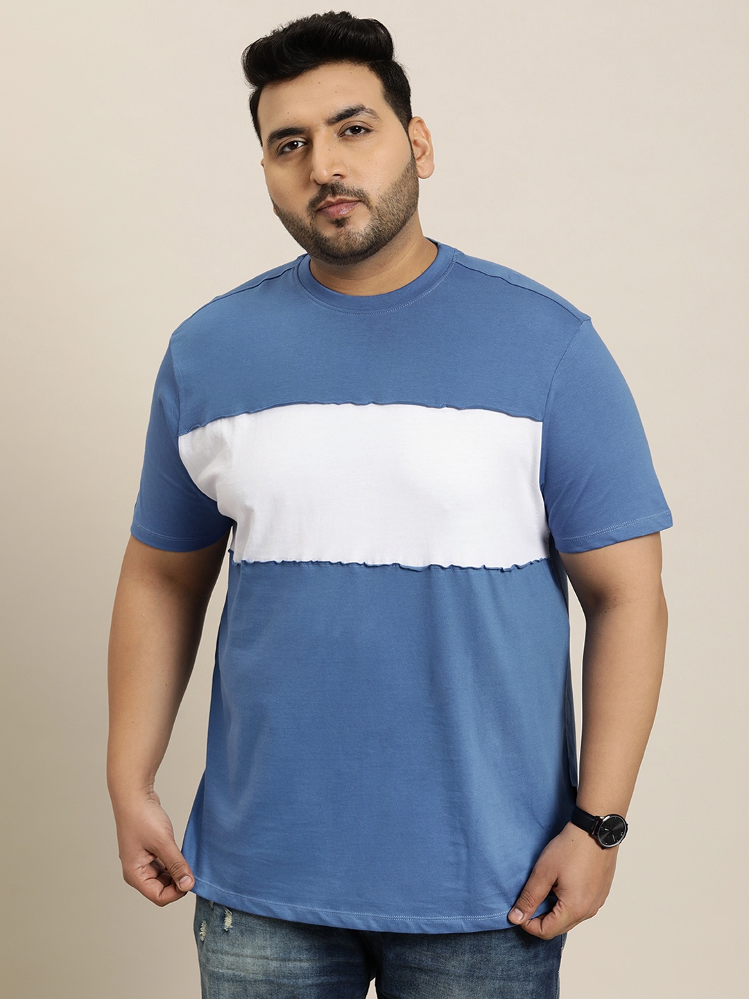 

Sztori Plus Size Striped Pure Cotton T-shirt, Blue