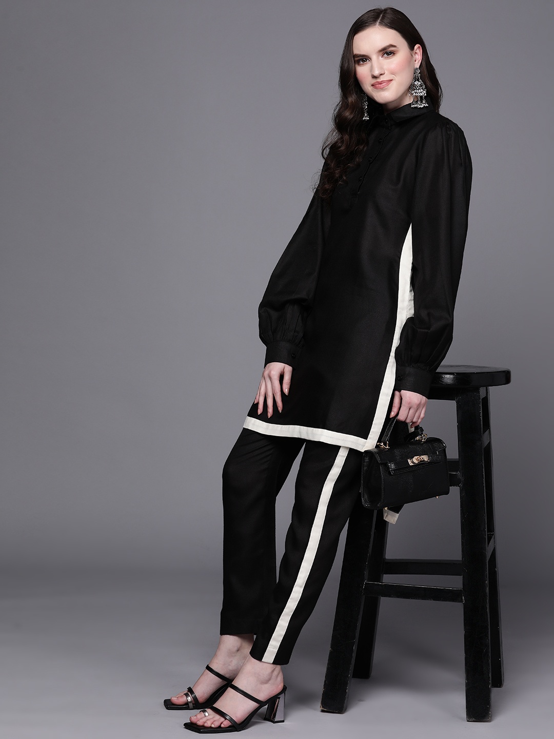 

MASSTANI BY INDDUS Women Black High-Low Kurta with Trousers