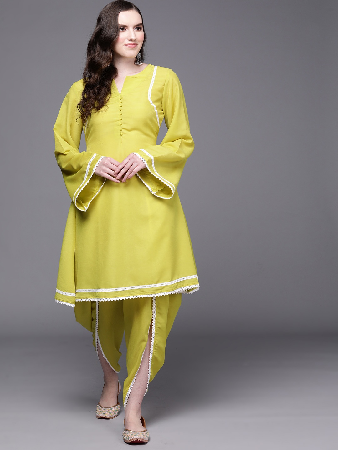 

MASSTANI BY INDDUS Women Yellow Lace Detail Kurta with Dhoti Pants