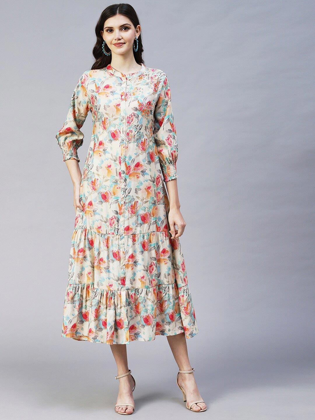 

FASHOR Women Cream-Coloured & Orange Floral A-Line Midi Dress