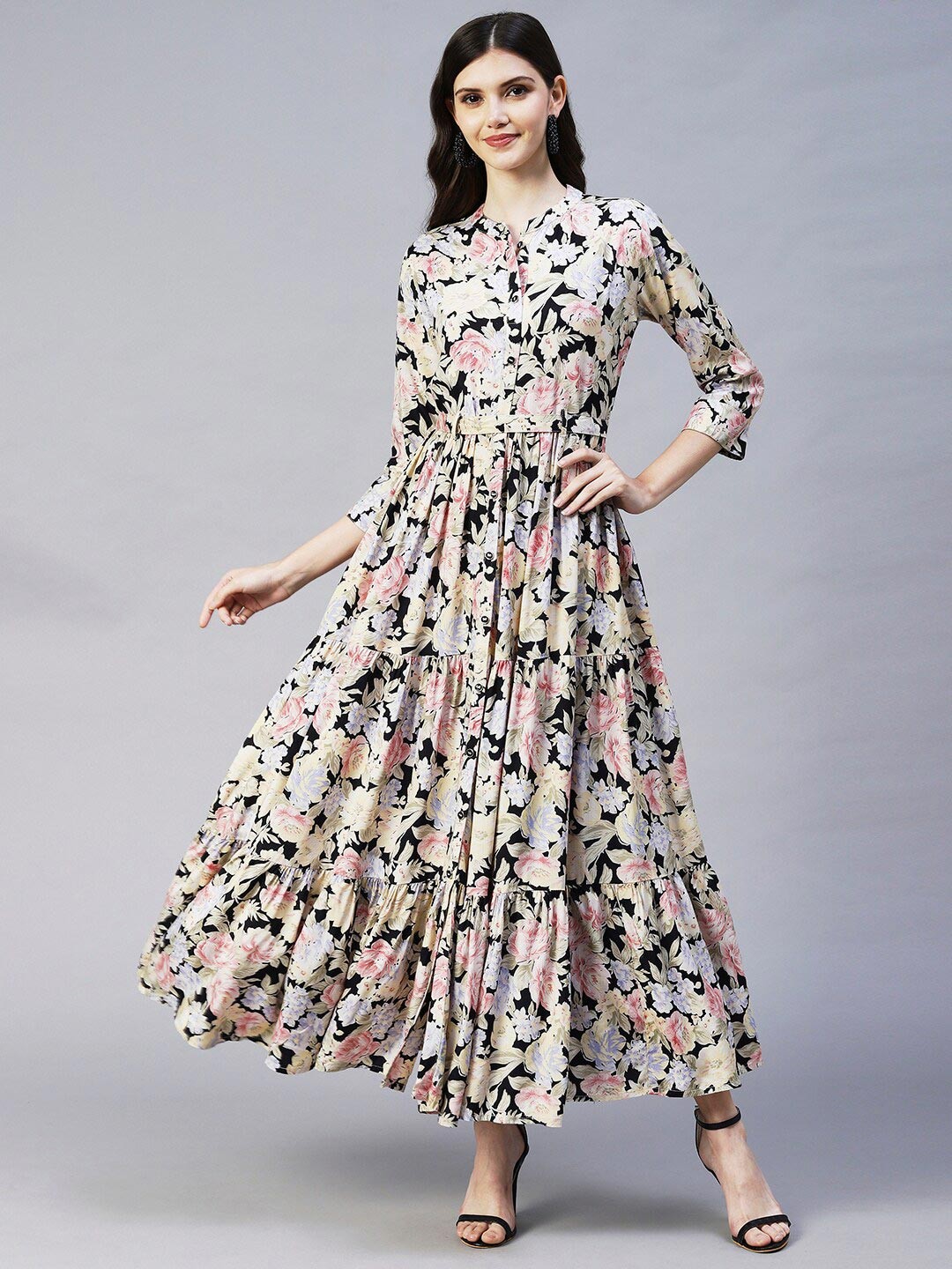

FASHOR Women Black & Beige Floral Ethnic Maxi Dress