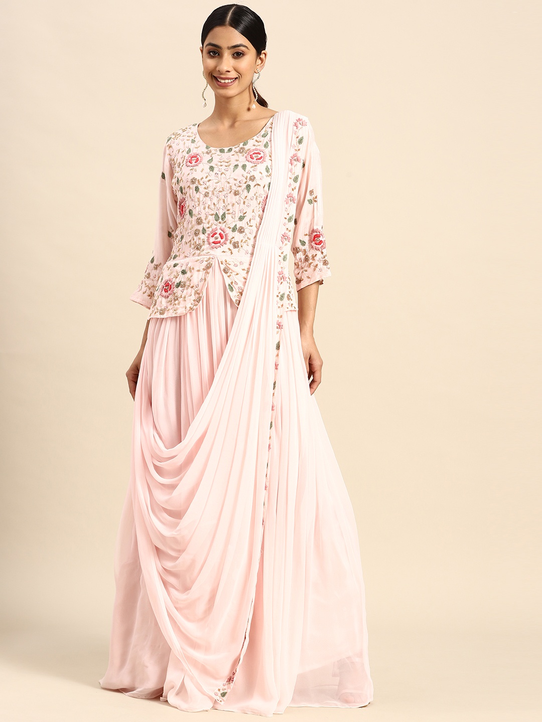 

FASHOR Women Pink Floral Embroidered Georgette Ethnic Maxi Dress