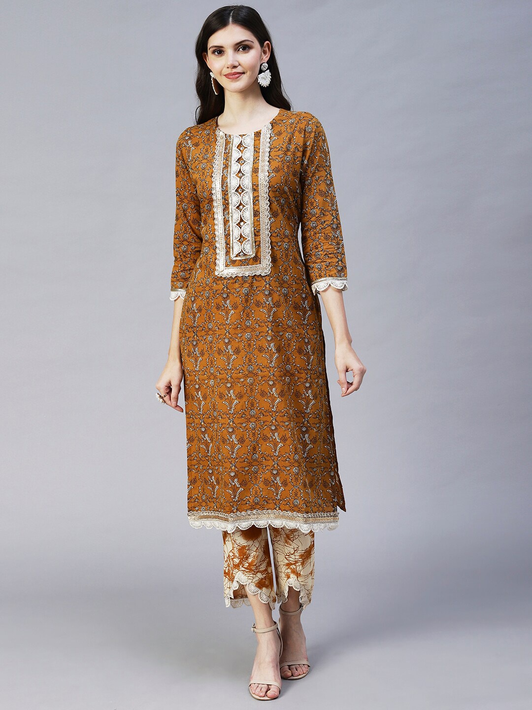

FASHOR Women Mustard Yellow Floral Yoke Design Pure Cotton Kurta with Trousers