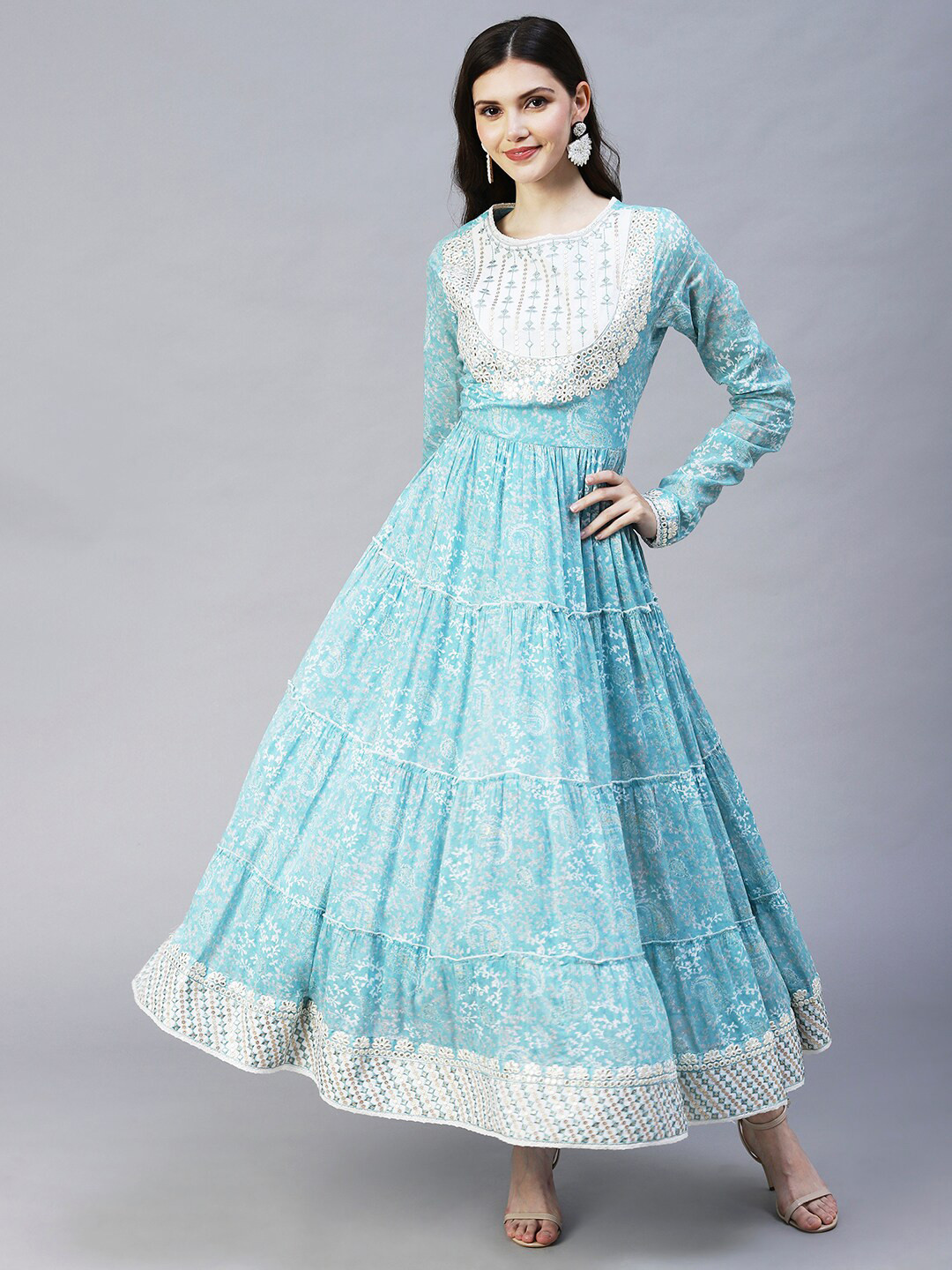 

FASHOR Women Blue & White Ethnic Motifs Ethnic Maxi Cotton Dress